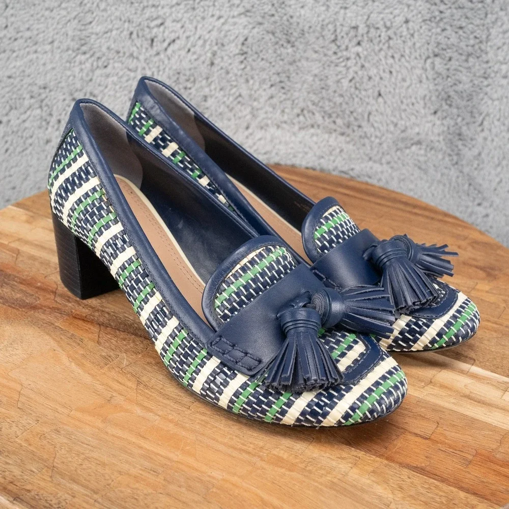 Tory Burch Stamford Tassel Pumps Block Heel Women Sz 6 M Blue/Green Summer